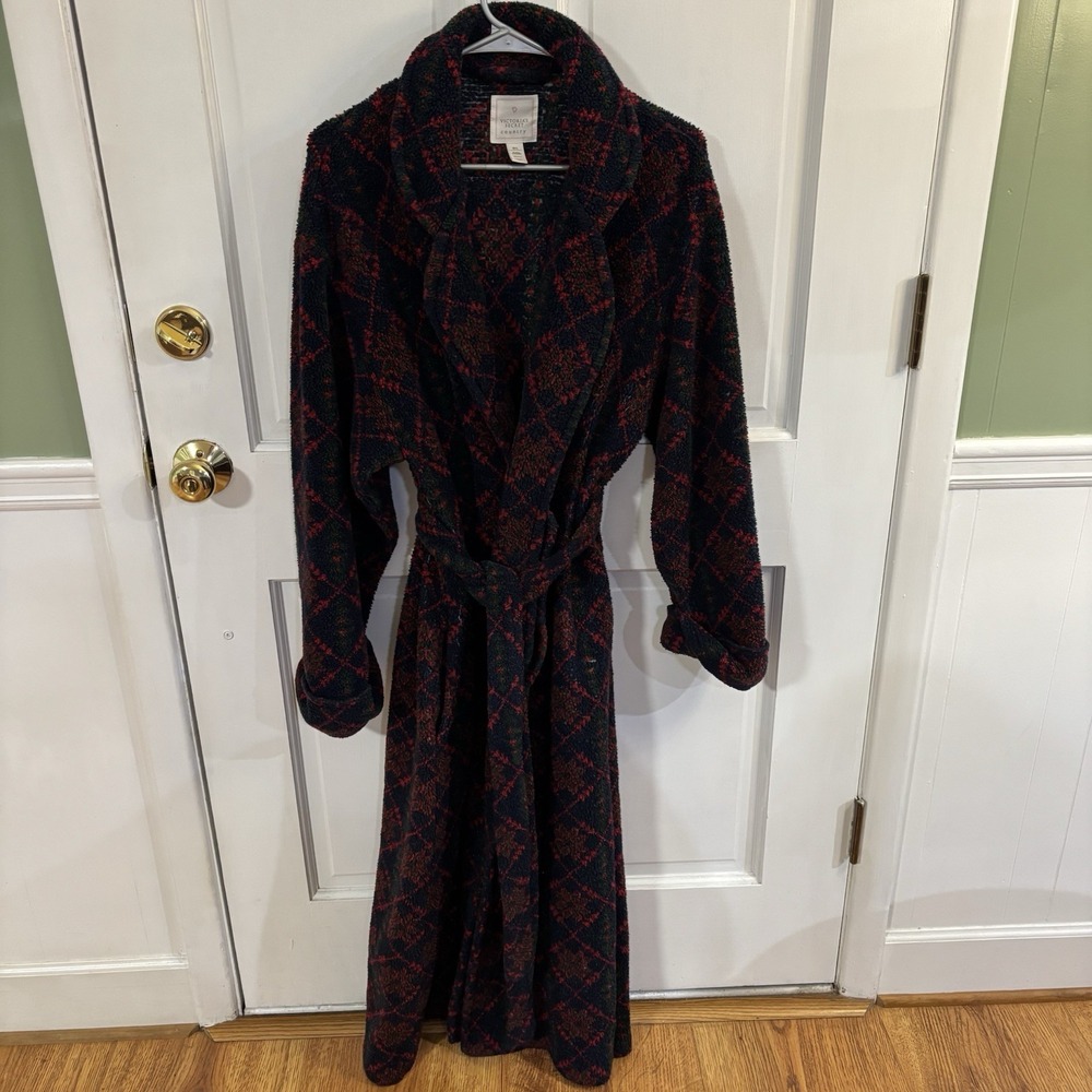 Vintage Victoria Secret Country Floral Fair Isle Belted Fleece Robe Medium Large